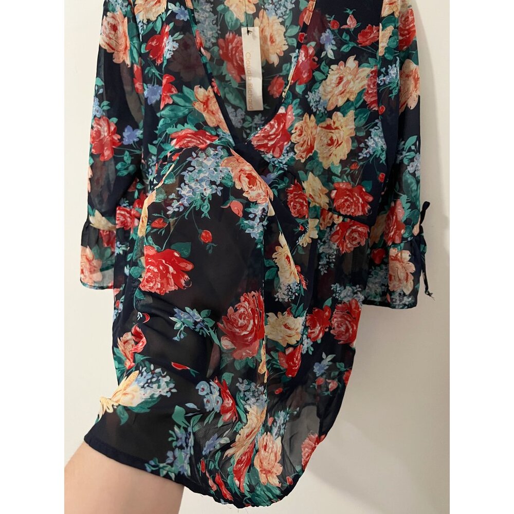 Claudia Richard Navy Floral Lightweight Sheer Oversized Blouse Size Medium - Picture 5 of 7